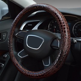 Follicomfy Crocodile Grain Leather Four Seasons Universal Car Steering Wheel Cover Sport Cute Handle Case for Men Auto Interior Accessories, Brown