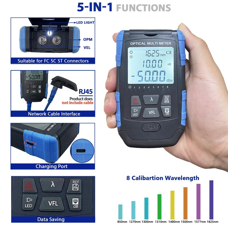 5-in-1 Fiber Optic Cable Tester, Portable Optical Power Meter with