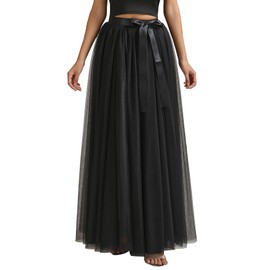 ELAWBTY A line Tulle Skirt Long Maxi for Party Prom Black L