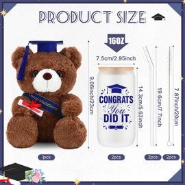 Yetene 3 Pcs 2025 College Graduation Gifts for Her Congrats Grad Include Glass Cups and Stuffed Bear, Can Cups with Lids and Straws for College University Class of 2025 Party New Job(Blue)