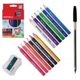 B2S Half Colouring Pencils For Kids, Pack of 12, Coloured Pencils With Sharpener Pack, My first Colouring Pencils for Children, Softer Leads, Pre-Sharpened, School Home, ZOFAX Black Ball Pen