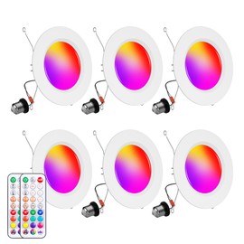 Recessed Lighting 5/6 Inch, 6Pack Color Changing LED Can Lights for Ceiling, 13W 1050LM Retrofit Recessed Lights with Baffle Trim, RGBCW Downlight Dimmable by Remote Control, Memory, Delayed Light Off