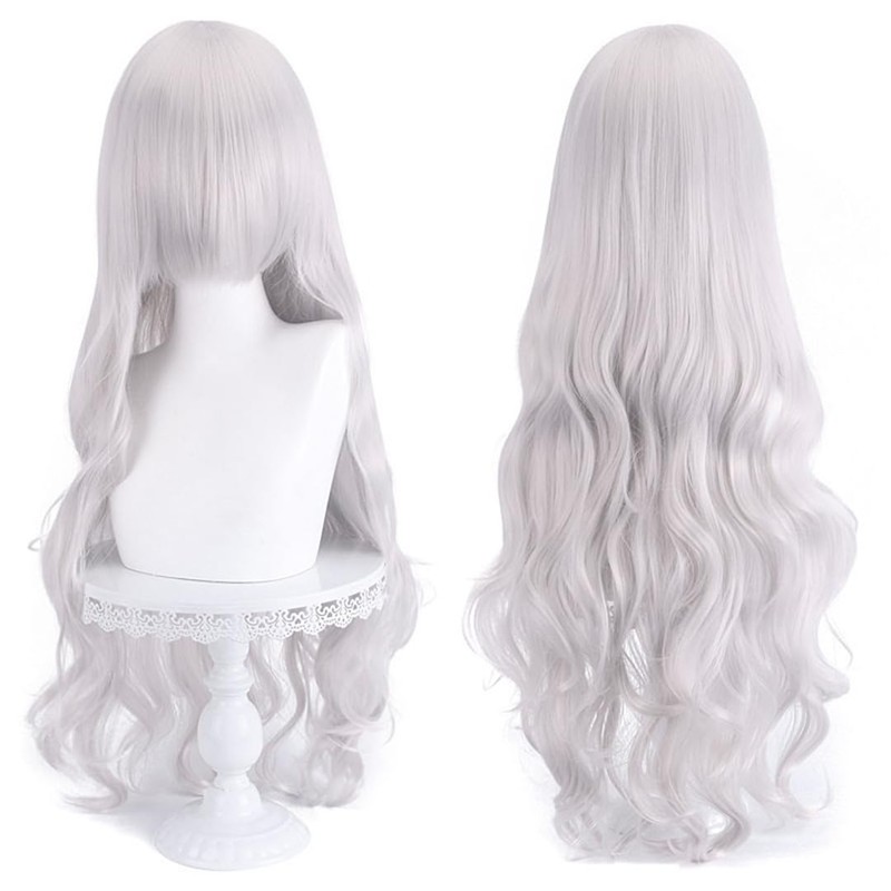 Cosplay Silver White Wig, Long Curly Waves, Heat Resistant Wig,