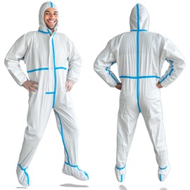 AZAM EXPRESS White Disposable Coveralls with Hood, Hazmat Suit, Waterproof Painters Coveralls with Attached Boots, Breathable (S)