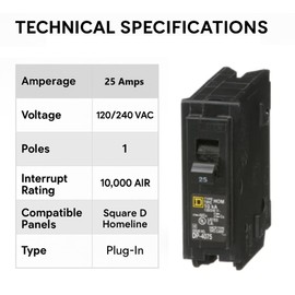 Square D HOM125 25 Amp (25A) Genuine Single Pole (1 Pole) Homeline Circuit Breaker, 120/240V AC, 10kAIC, Plug-in Mount for Homeline Load Centers, New Replacement Breaker – Pack of 2
