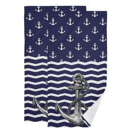 Anchor Bath Hand Towel 2 Pcs Absorbent Nautical White Stripe Hand Towels Sea Anchors Navy Blue Face Towel Soft Breathable Anchor Fingertip Towel for Bathroom Kitchen Hotel Spa Decor Gift 28.3x14.4in
