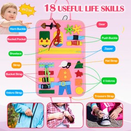 TINY SPARK Busy Board Montessori Toys Sensory Toys Learning Toys for 1 2 3 4 Years Old Boys&Girls with 19 Activities,Dinosaurs Cover,Clock Practise&Puzzle-Portable Travel Toy (Pink)