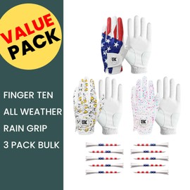 Golf Gloves Men Right Handed Golfer Left Hand Value 3 Pack with Ball Marker and 10 USA Flag Tees 3 1/4 Inch Leather Mens Golfing Glove (USA Flag+White+Beer, X-Large (Worn On Left Hand))
