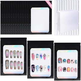 Sawvolker 100 PCS Press On Nails Packaging Bag Holographic Nail Storage Bag and 100PCS Shiny White Pearl Card with 7 Sheets Pre-cut Nail Tape (Black)