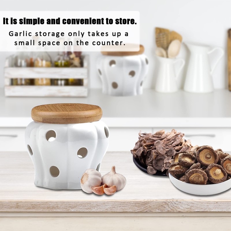 MEKBOK Garlic Keeper,Garlic Keeper for Counter,White Ventilated Garlic Container,Ceramic Garlic