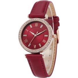 NUOVO Women's Watches Ladies Quartz Wrist Watch with Luxury Crystal Diamonds for Women Girls Fashion Red Leather Strap Daily Life Waterproof Lady Watch Ideal Choice for Gifts