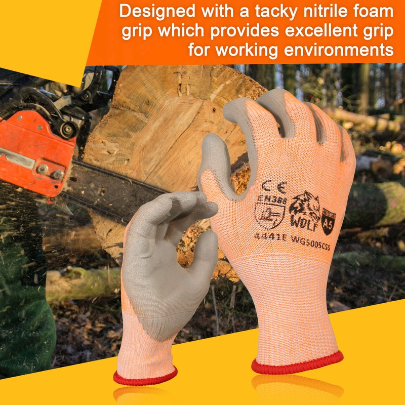 WOLF Hi-Viz Orange ANSI A5 Cut Resistant Breathable PE Grip