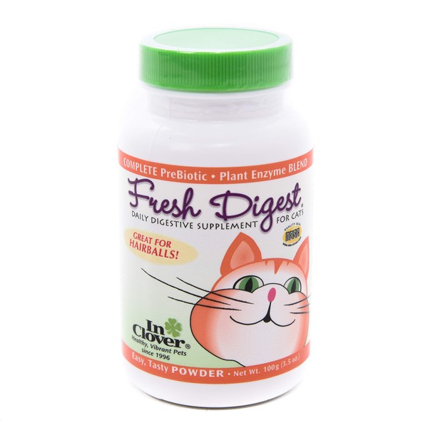 In Clover Fresh Digest Daily Digestive Aid and Immune Support Supplement for Cats, Natural Prebiotic and Enzyme Powder for Healthy Stools, Hairball Control, Stop Litterbox Odor, Works Fast 100g/3.5oz