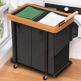 50 Gal (190L) Laundry Hamper 2 Section with Lid,Leather Patchwork Laundry Basket with Rolling Lockable Wheels and Wooden Handle,Clothes Hamper Cart with Sturdy Metal Frame for Laundry Room - Black