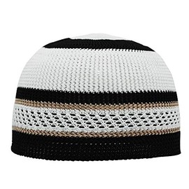 TheKufi® Soft White and Black with Brown Lines Nylon Stretchy Textured Kufi Hat Skull Cap Dotted Lines (L -23" (58.5 cm))