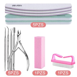 Kit 12pzs Manicure y Limas para Uñas Profesional,Incluir 5 Manicura de Acero Inoxidable+5 Limas De Uñas+1 Cepillo Limpiar+1 Bloque de Pulido,Uso Profesional y Doméstico,para Cuidado de Las Uñas