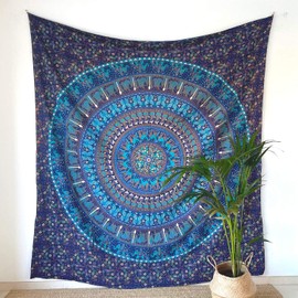 MOMOMUS Mandala Tapestry, 100% Cotton, Colourful, Oriental Designs, Ideal as Mandala Wall Towel, Indian Fabric Wall Hanging and Boho Tapestry, Blue, 210 x 230 cm