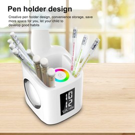 Wanjiaone Schreibtischlampe Kinder LED, Tischlampe 10W Touch Dimmbar, Nachttischlampe Tischleuchte 7 in 1 mit 3 Helligkeitsstufen/USB-Anschluss/256 RGB/Stifthalter/Uhr/Kalender und LCD-Bildschirm Leselicht Bro