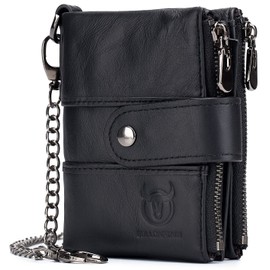 BULLCAPTAIN Genuine Leather Men Wallet with Anti Theft Chain Bifold RFID Blocking Wallets for Men Double Zipper Coin Purse with ID Window (Black)