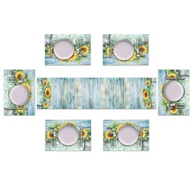 Rustic Sunflower Table Runner and Place Mats Set of 6 – Farmhouse Wooden Texture with Blue Floral Design – Washable Linen Dining Mat Set for Kitchen and Home Décor – 70 Inches Long