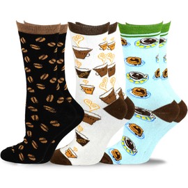 Women's Coffee Beans Pan Cakes Fun Novelty Cotton Crew Socks 9-11 3 Pairs Idea for Birthday Gifts, Graduations, or Just for Fun
