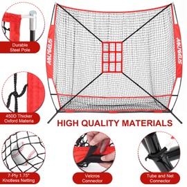 AOLIGEIJS 7'X7' Baseball Softball Practice Net,Pitching Net,Batting Net,with Large Ball Collection System,Baseball Pitching Kit - Batter Dummy,Bonus Strike Zone (Red Net+Batter Dummy)