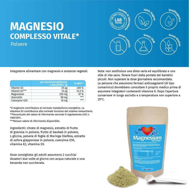 Magnesium Vitalkomplex Pulver mit Magnesium-Citrat, Baobab Fruchtpulver, L-Glycin, Coenzym Q10,
