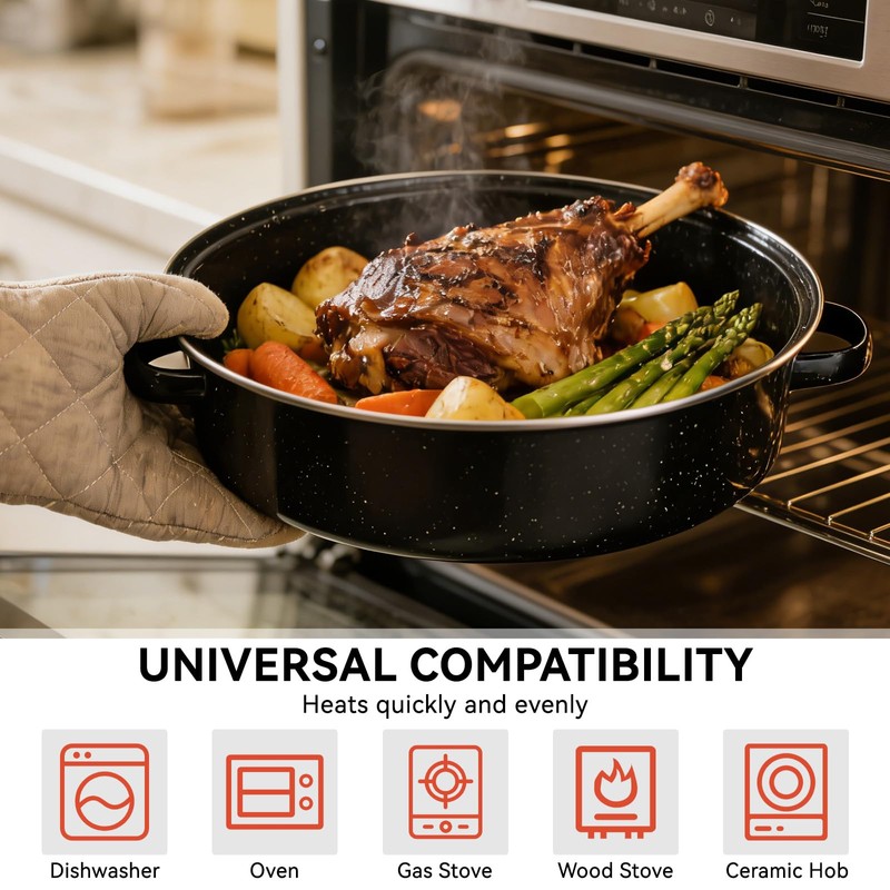 Black Enameled Steel Round Roaster Pot with Iron Lid and