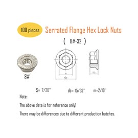 LBY 100pcs Flange Nuts, 8#-32 Serrated Flange Hex Lock Nuts, 304 Stainless Steel (Silver)
