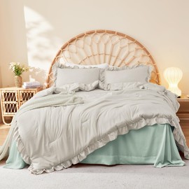 Litanika Linen Grey King Size Comforter Set, 3 Pieces Ruffle Farmhouse Aesthetic Bedding Comforter Set, All Season Soft Lightweight Fluffy Microfiber Bed Set(104x90In Comforter, 2 Pillowcases)