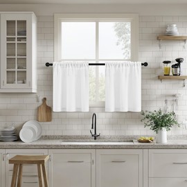 DUKIYO Short Linen Curtains 24 Inches Length for Kitchen Cafe Bathroom 2 Panels Dual Rod Pocket Privacy Semi Sheer Window Curtains Drapes Light Filtering White Small Curtains for Camper RV W25xL24