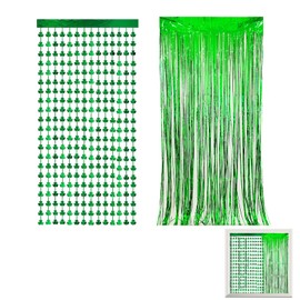 St. Patrick's Day Tinsel Backdrop Bundle - Green Glitter Clover Curtains & Fringe Drapes for Festive Irish Celebration Decorations