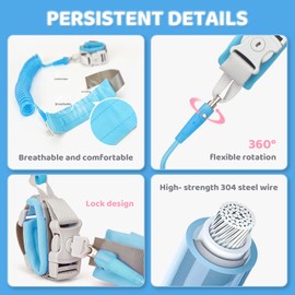 Wrist Reins for Toddlers Boys and Girls, Anyfirst 2.5M Anti Lost Wrist Link, 360°Rotate Toddler Wrist Strap with Elastic Wire Rope and Security Lock for Children Walking, Blue