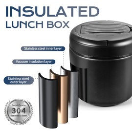 1.2 Litre Thermal Food Storage Bowl, Black, Thermal Bowl with Lid, Stainless Steel Warming Bowl with Spoon, Food-Safe Leakproof, Thermal Soup Lunch Box, Baby Food