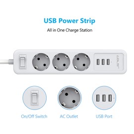 JSVER JSVER Steckdosenleiste 3 Fach mit 3 USB Ladeanschl??sse, Mehrfachsteckdose Wandmontage(3680W) Steckerleiste USB(5V 2,4A,12W) mit 2M Kabel f??r Smartphones, Laptop, iPAD -Wei?