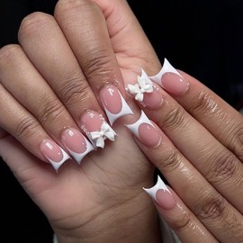 White French Tip Press on Nails Short Duck Fake Nails 3D Bow Pearl Full Cover French Artificial Glue on Nails Duckbill Shaped Acrylic Nails Nude Pink False Nails Reusable Artificial Nails Kit 24Pcs
