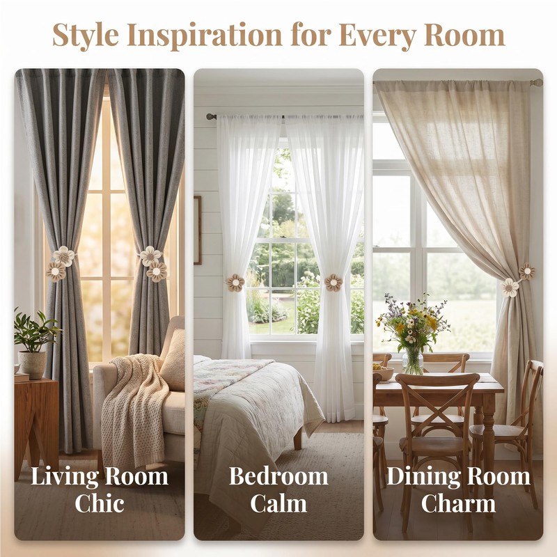 2 Pack Sunflower Curtain Tiebacks, Cotton Linen Boho Window Holdbacks