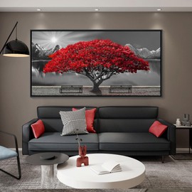 Framed Black and White Red Tree Wall Art for Living Room Canvas Print Picture Large Red Tree Landscape Modern Artwork for Bedroom Office Home Wall Decor With Frame 29X58inch