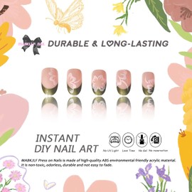 Short Press on Nails Almond Petite French Tip Fake Nails Nude Full Cover Pink Flower False Nails with Designs Glossy Glue on Nails Spring Summer Acrylic Nails Artificial Nails for Women Girls 24Pcs