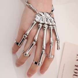 Punk Wristband Skull Fingers Metal Skeleton Hand Bracelet with Ring Exaggerated Metal Skull Finger Bone Joint Bracelet for Women Girls Party Jewelry (Silver -466)