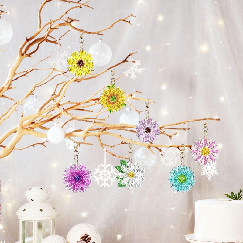 12 Pcs Diamond Art Painting Keychain Double Sided,Flower Art Full
