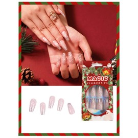 Carufin 24Pcs Snow Christmas Tree Checker Pink Line French False Nails Acrylic False Nail Press on Nails Ballet False Nails for Women Girls (D)