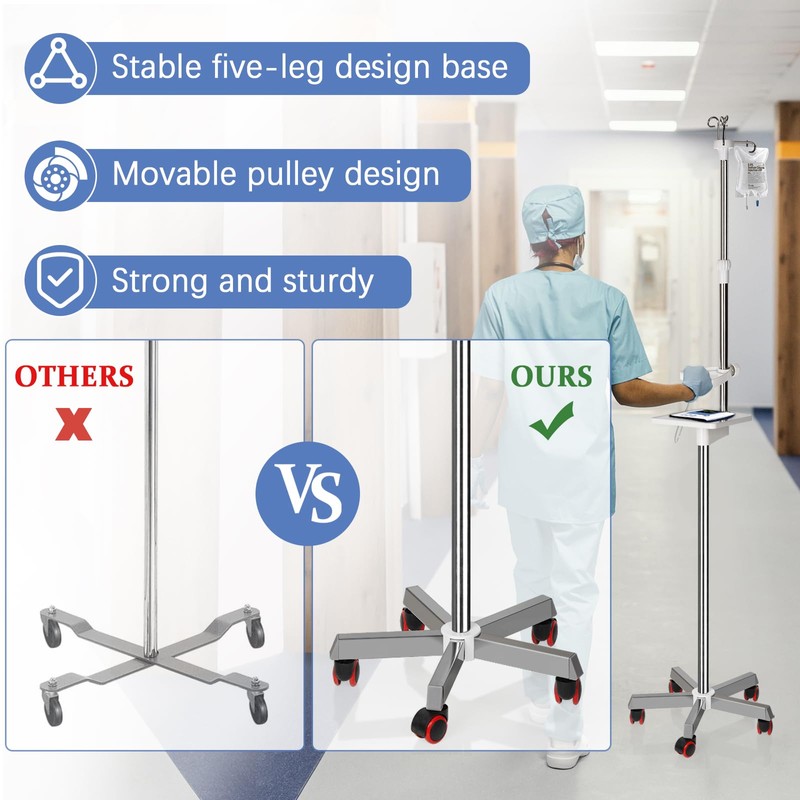 Ozzptuu Medical IV Pole with Wheels - Stainless Steel Adjustable