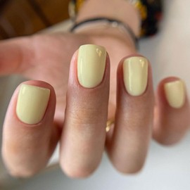 Press on Nails Short Square Fake Nails Yellow Nails Press Ons Solid Color Acrylic False Nails Glossy Full Cover Glue on Nails Yellow Reusable Stick on Nails for Women 24Pcs