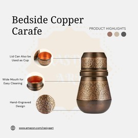 Bedside Water Carafe - Copper Bottle for Drinking Water- Pitcher with Lid - Ayurveda Healing Benefit Heavy Duty Vessel - 34 Oz