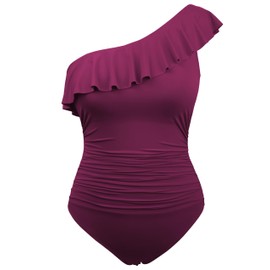 Women's One Piece Swimsuits One Shoulder Swimwear Asymmetric Ruffle Monokinis Bathing Suits