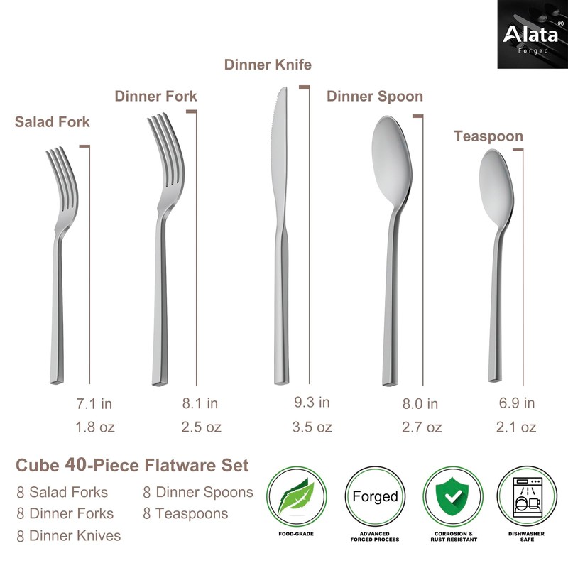 Alata Cube 40-Piece Forged Stainless Steel Flatware Set Cutlery Set,