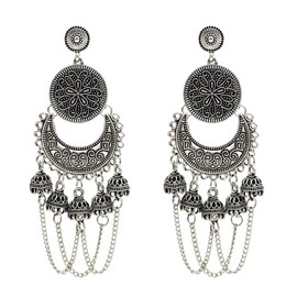 Long Bollywood Tassel Bell Jhumka Jhumki Earrings for Women Boho Drop Dangle Earring Traditional Bohemian Dangling Earring Ethnic Gypsy Indian Gift Hypoallergenic Oxidized Jewelry (Silver)