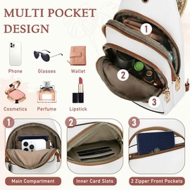 Kasgo Sling Bag for Women, Vegan Leather Small Crossbody Bag Fanny Packs with Guitar Strap Shoulder Chest Bag Belt Bag, White and Brown