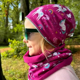 Wollhuhn Children's Long Loop Maxi Winter Neck Warmer / Slip-On Scarf Extra Long Boys / Girls Many Designs 20240201 (LL, Fleece Lining), unicorns berry